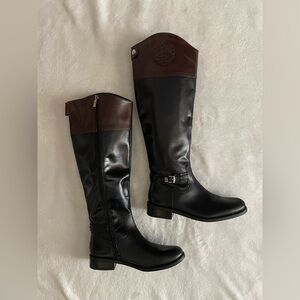 Vince Camuto Black with Brown Top Leather Tall Boots with buckle size 8 NWOT